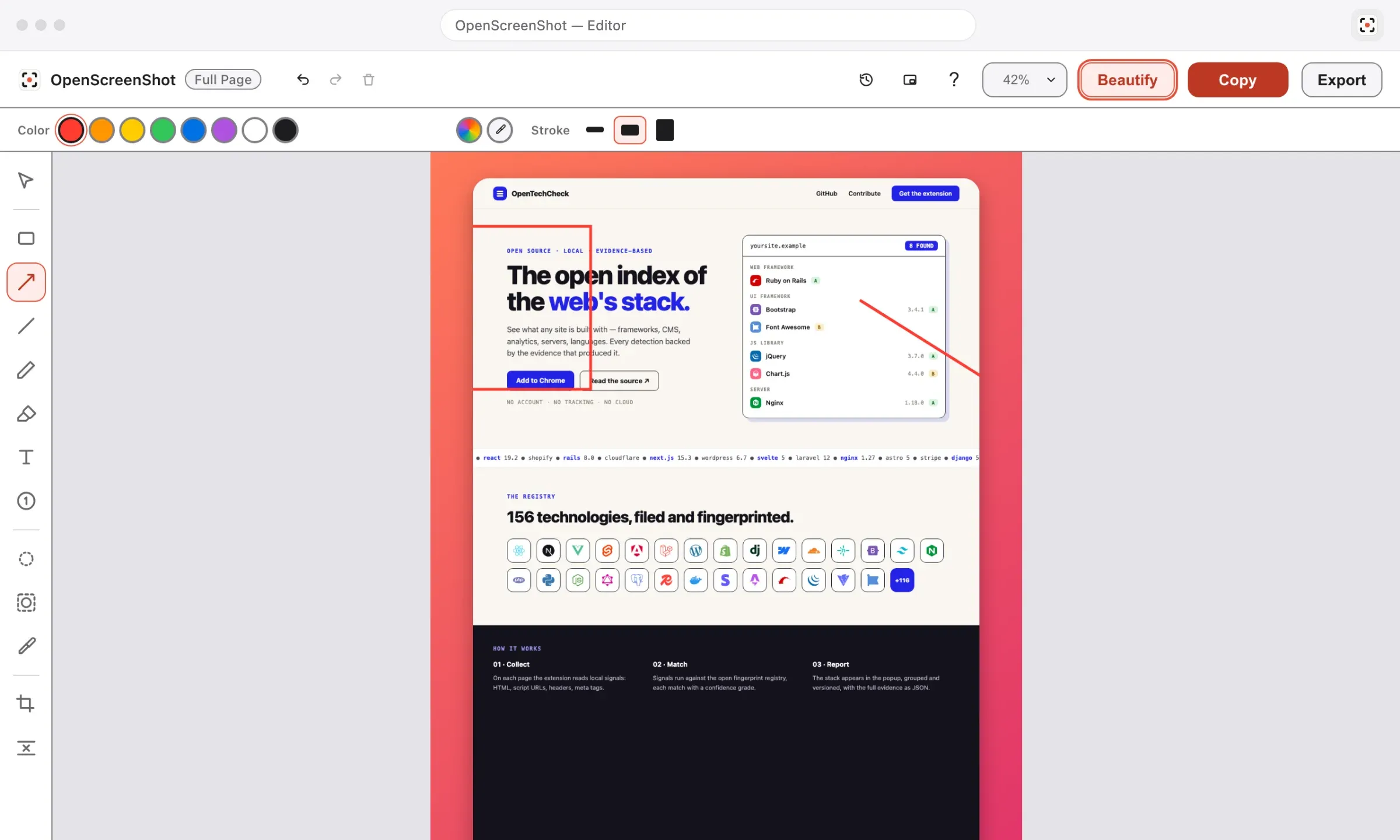 The OpenScreenShot editor with its tool rail, color palette and stroke controls, showing a full page capture of opentechcheck.com with a box and an arrow drawn on it.